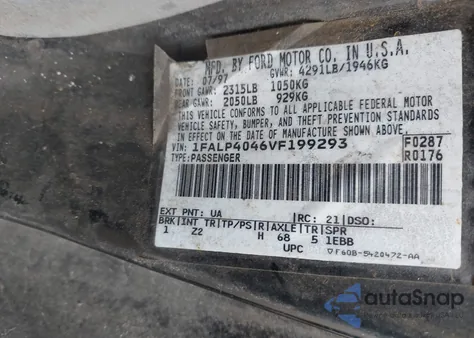 1997 Ford Mustang из США, поврежденный, VIN 1FALP4046VF199293